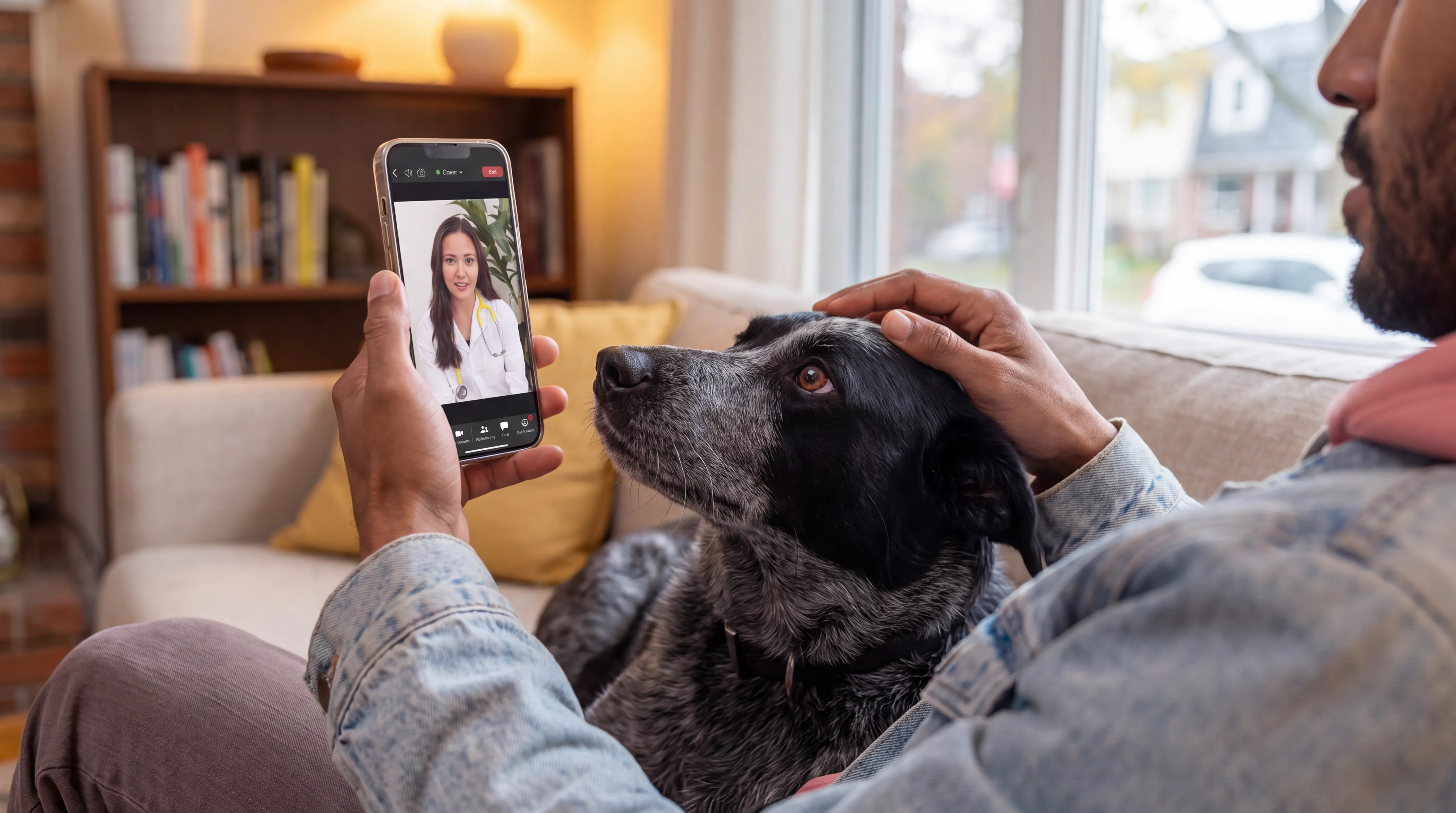 Pet parent on a live TelaVets video visit while sitting with their dog