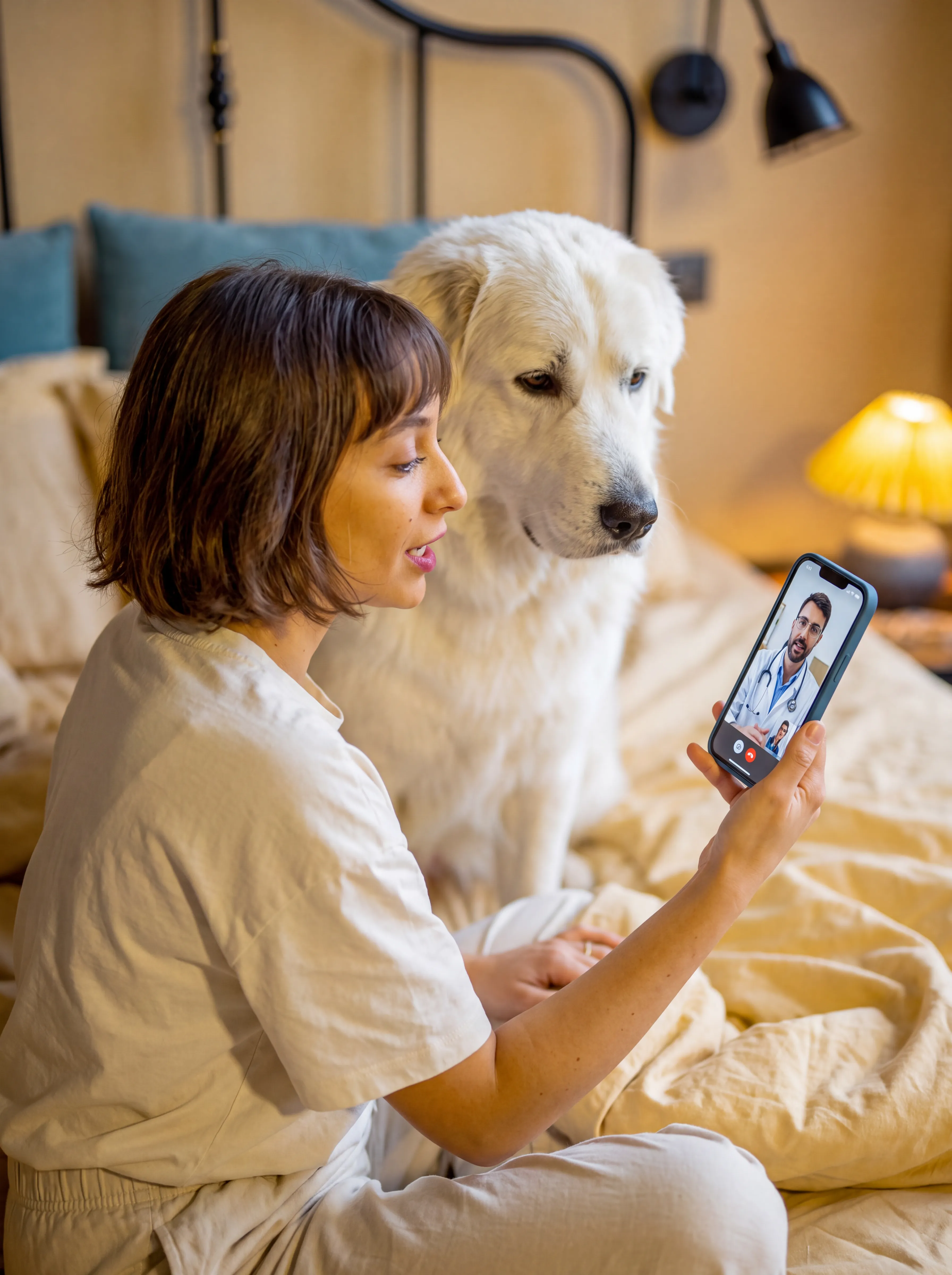 Pet parent on a live TelaVets video visit while sitting with their dog